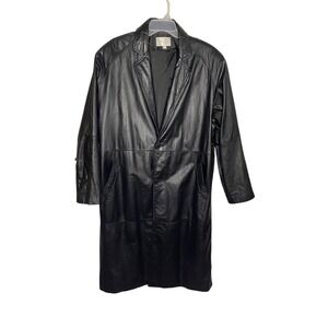 Charles Klein Mens Black Leather Long Trench Coat Jacket Size Large 80s Vintage